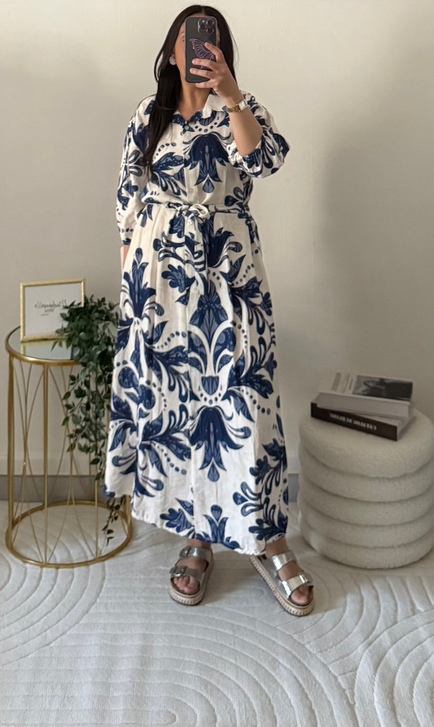 Robe avec ceinture imprimée bleu