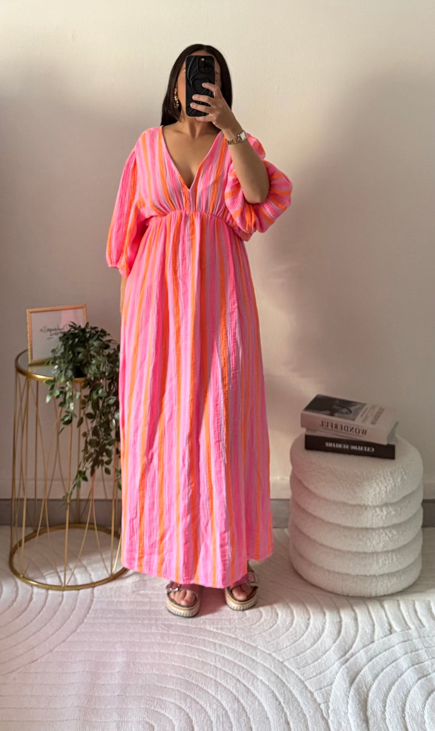Robe en gaz de coton à rayures rose