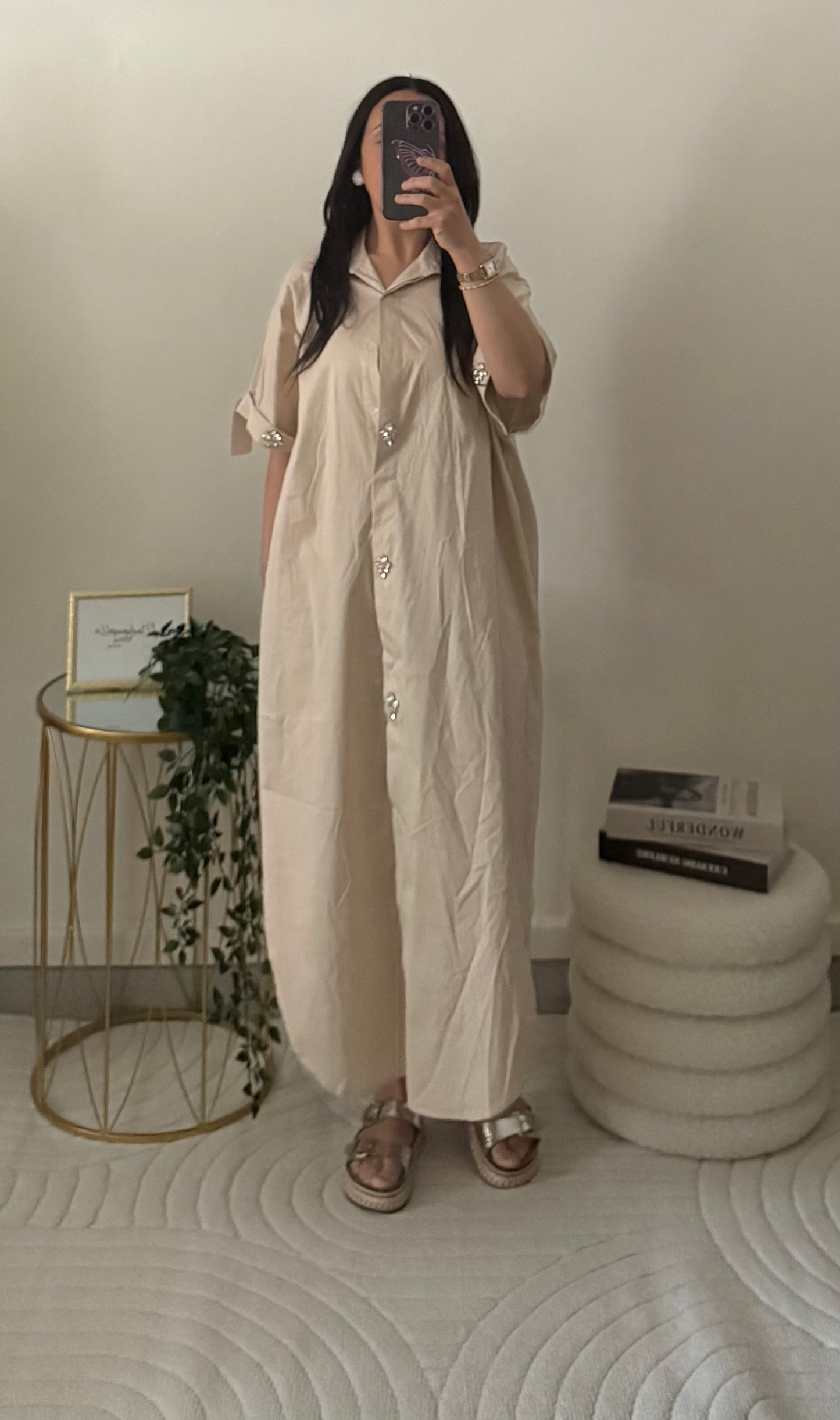 Robe chemise à strass beige