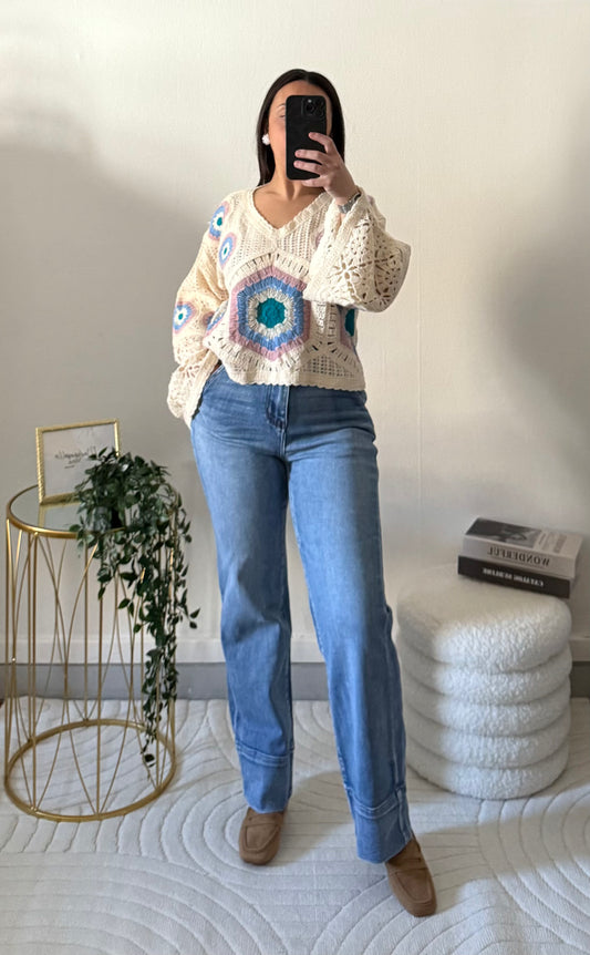 Pull crochet bleu